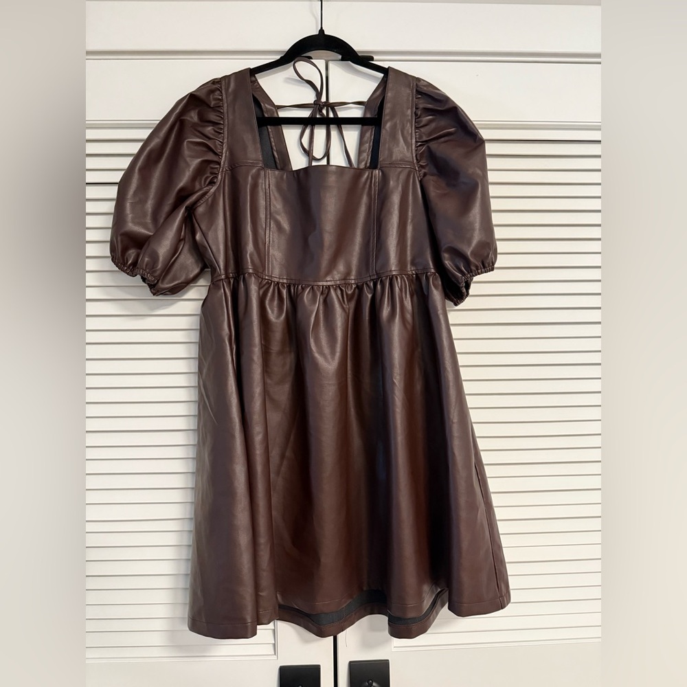 NWOT Arula Faux Leather Babydoll Dress. Size X (10-12). Chocolate Brown.
